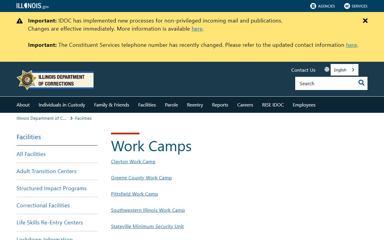 Hardin County inmate population context showing current IDOC work camps list